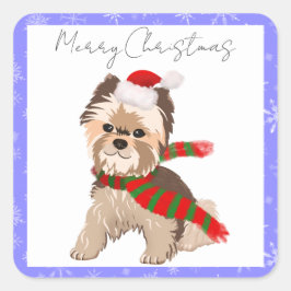 Adesivo Quadrado Yorkie De Natal Adorável Em Santa Hat