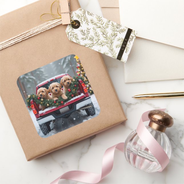 Adesivo Quadrado Yorkipoo Christmas Red Truck Holiday Gift (Presentear)
