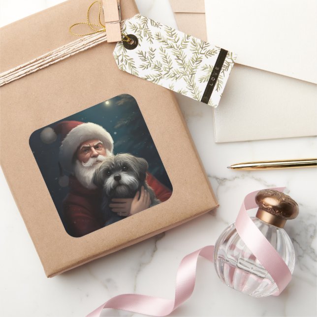 Adesivo Quadrado Yorkipoo com Papai Noel Natal Festivo (Presentear)
