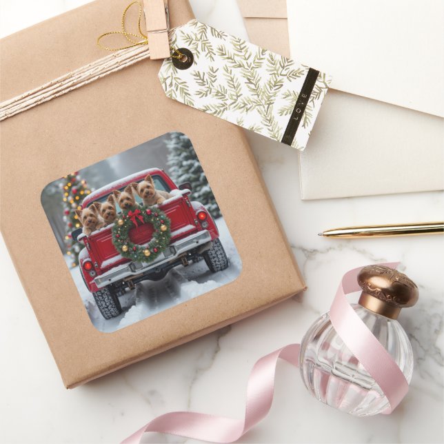 Adesivo Quadrado Yorkshire Terrier Christmas Red Truck Holiday Gift (Presentear)