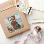 Adesivo Quadrado Yorkshire Terrier Dog Christmas Vintage Beach<br><div class="desc">Traga o calor dos feriados para a costa com esta charmosa design inspirada na vintagem, que apresenta um cão festivo sentado numa praia serena. Com um clássico toque de feriado de tons nostálgicos e vibrações costeiras, esta trabalho de arte captura a magia do Natal pelo mar. Perfeito para espalhar alegria...</div>