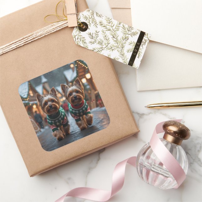 Adesivo Quadrado Yorkshire Terrier Dogs Christmas Snow Holiday  (Presentear)