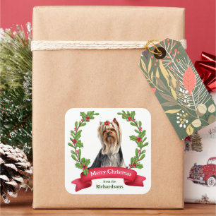 Adesivo Quadrado Yorkshire Terrier Holly Wreath Natal