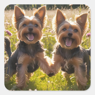 Adesivo Quadrado Yorkshire Terriers jogando na grama