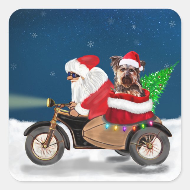 Adesivo Quadrado Yorkshire Terrier's Ride Santa Claus em Motociclet (Frente)