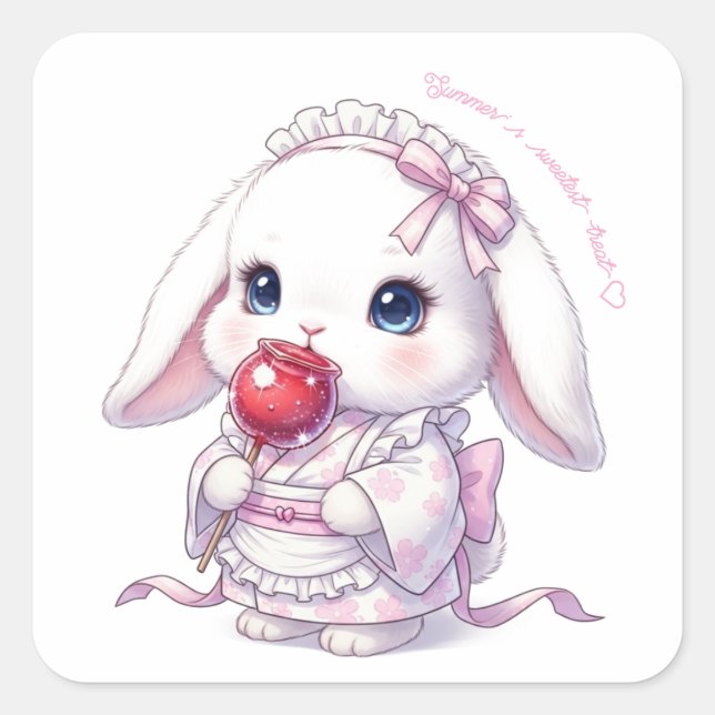 Adesivo Quadrado Yukata Bunny with Apple Candy - Pink Pastel Ribbon (Frente)