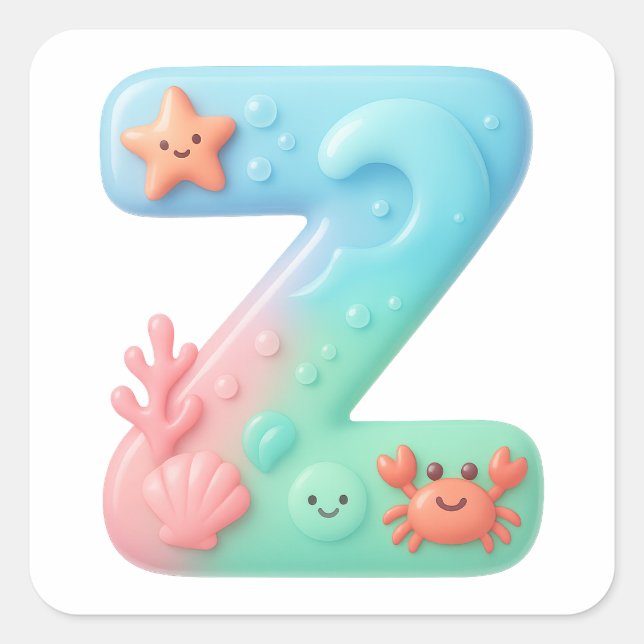 Adesivo Quadrado "Z" Cute Letter - Underwater Sea Creature  (Frente)