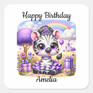 Adesivo Quadrado Zebra Adorável de Aniversário em Tiara