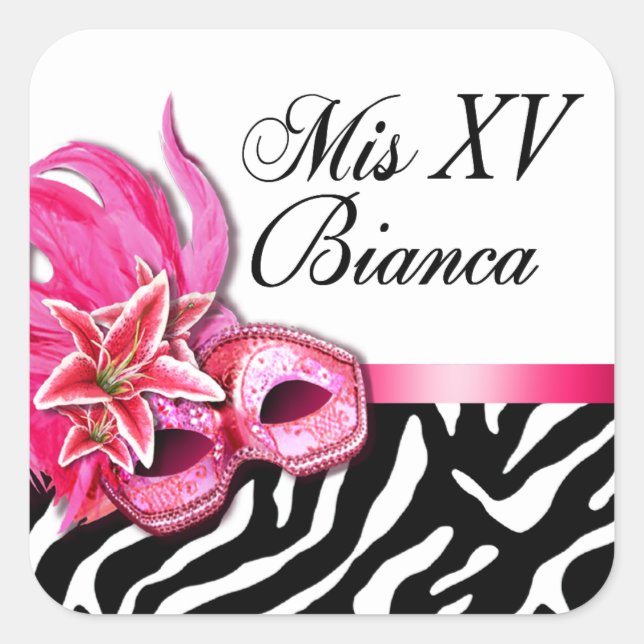 Adesivo Quadrado Zebra e Mascarada branco Quinceañera Sticker (Frente)