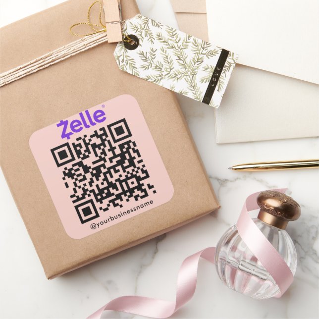Adesivo Quadrado Zelle QR Code Scan to Pay Blush Pink (Presentear)
