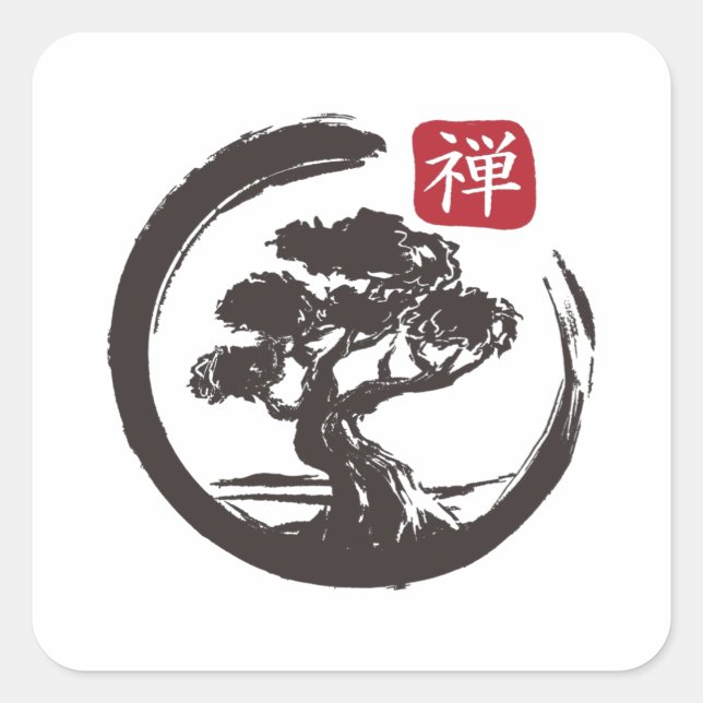 Adesivo Quadrado Zen Bonsai Tree Enso Circle Japonês (Frente)