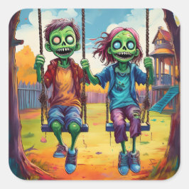 Adesivo Quadrado Zombie Kids on Swings in Autumn Playground