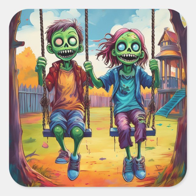 Adesivo Quadrado Zombie Kids on Swings in Autumn Playground (Frente)