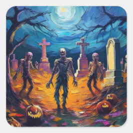 Adesivo Quadrado Zombies Rising in Moonlit Graveyard with Pumpkins