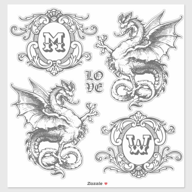 Adesivo Quadros de Ornamentado do Dragão Medieval do Monog (Folha)