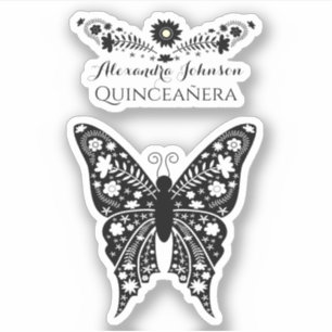 Adesivo Quinceanera Boho Borboleta Preto e Branco Nome