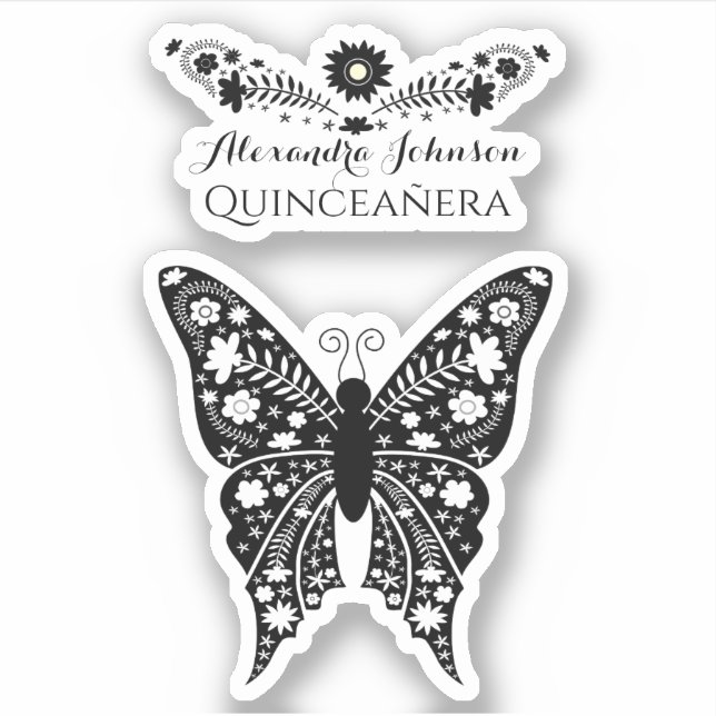 Adesivo Quinceanera Boho Butterfly Black and White Name (Frente)