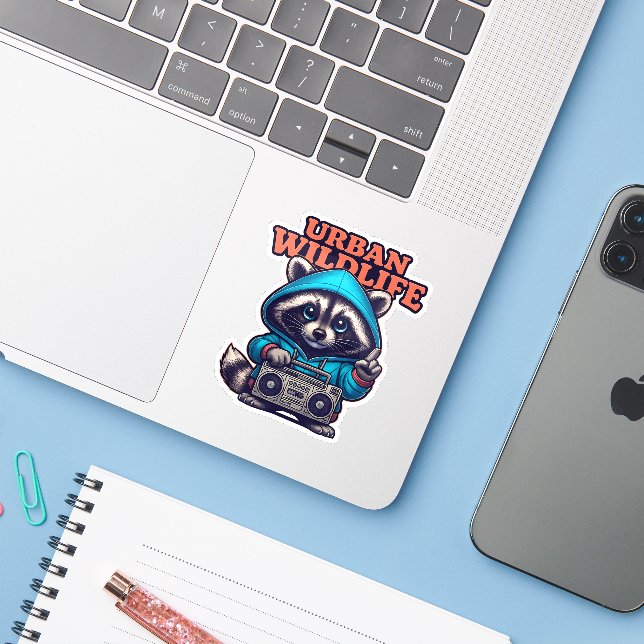 Adesivo Raccoon em Hoodie com Boombox Sticker (Notebook com iPhone)