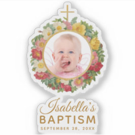 Adesivo Rapariga Baptism Baby Photo Rosa Wreath Cross Scri