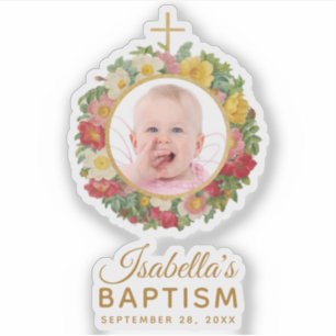 Adesivo Rapariga Baptism Baby Photo Rosa Wreath Cross Scri