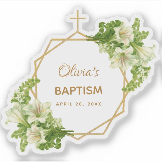Adesivo Rapariga Baptism Lírios Brancos Dourados Florais G (Frente)