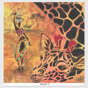 Adesivo Rapariga e Girafa Africanas - Amigos - Desenho de 