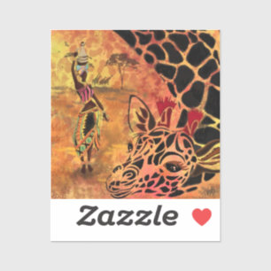 Adesivo Rapariga e Girafa Africanas - Amigos - Desenho de 