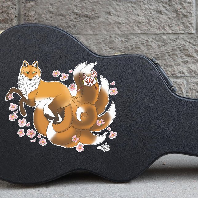 Adesivo Raposa Kitsune Caprichosa Flores de Cerejeira Azui (Criador carregado)