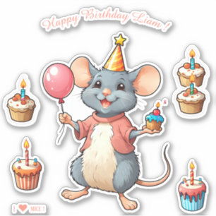 Adesivo Rato de Cartoon - Feliz Aniversário Personalizado