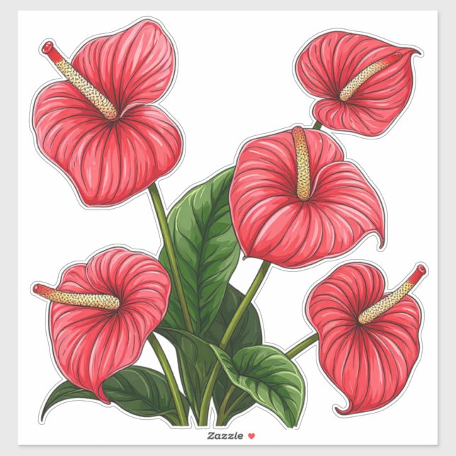 Adesivo Red Anthurium Flowers with Green Leaves (Folha)