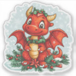 Adesivo Red Christmas Holly Dragon<br><div class="desc">Um adorável dragão vermelho está vestido para o Natal em vermelho e verde Holly enquanto a neve cai ao seu redor.</div>