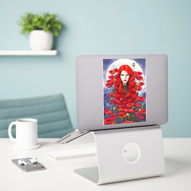 Adesivo Red Hair Girl In Poppy Flowers (Laptop na mesa)