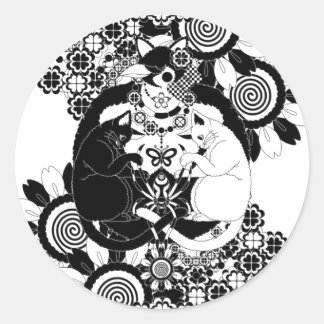 ADESIVO REDONDO ねことりむしブラック(CAT BIRD INSECT BLACK)