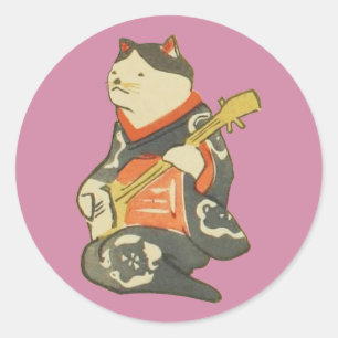 Adesivo Redondo 三味線を弾く猫, gato do 国芳 que joga a g