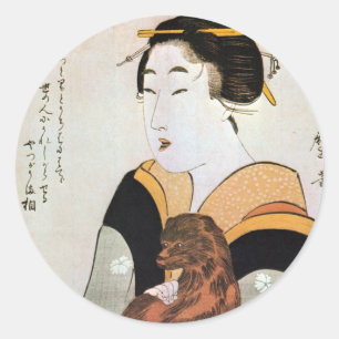 Adesivo Redondo 女と犬, mulher do 歌麿 e cão, Utamaro, Ukiyo