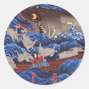 Adesivo Redondo 怪物鮫, tubarão do monstro do 国芳, Kuniyosh