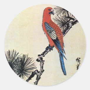 Adesivo Redondo 松にインコ, pinho do 広重 e Parakeet, Hiros