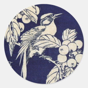 Adesivo Redondo 枇杷に鳥, pássaro do 広重 e Loquat, Hiroshi