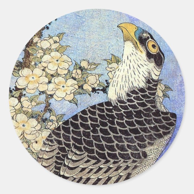 Adesivo Redondo 桜 に ハ サ ブ, Falcon & Cherry Blossoms, Hokusai, Ukiy (Frente)