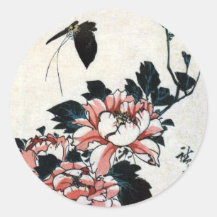 Adesivo Redondo 牡丹に蝶, peônias do 広重 e borboleta, Hiro