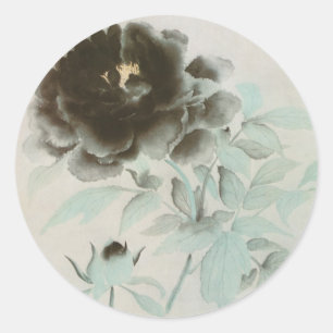 Adesivo Redondo 牡 丹, 速 水 舟 Peony, Gyoshu, Arte japonesa
