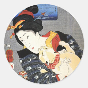 Adesivo Redondo 猫と女, gato do 国芳 e mulher, Kuniyoshi, Uki
