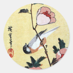 Adesivo Redondo 花に鳥, pássaro do 広重 e flor, Hiroshige, U