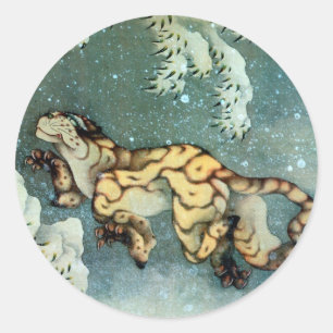Adesivo Redondo 雪中虎図, tigre na neve, Hokusai do 北斎