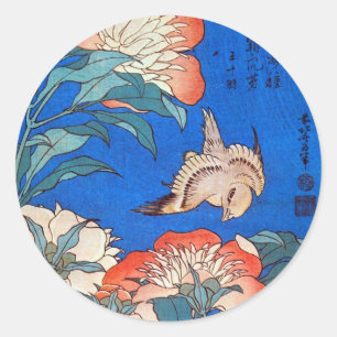 Adesivo Redondo 鳥と芍薬, pássaro do 北斎 e peônia, Hokusa