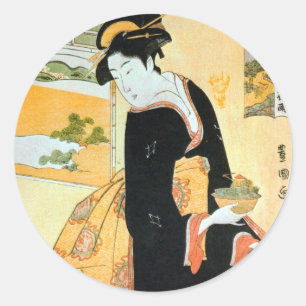 Adesivo Redondo 黒い着物の女, mulher do 豊国 do quimono pr