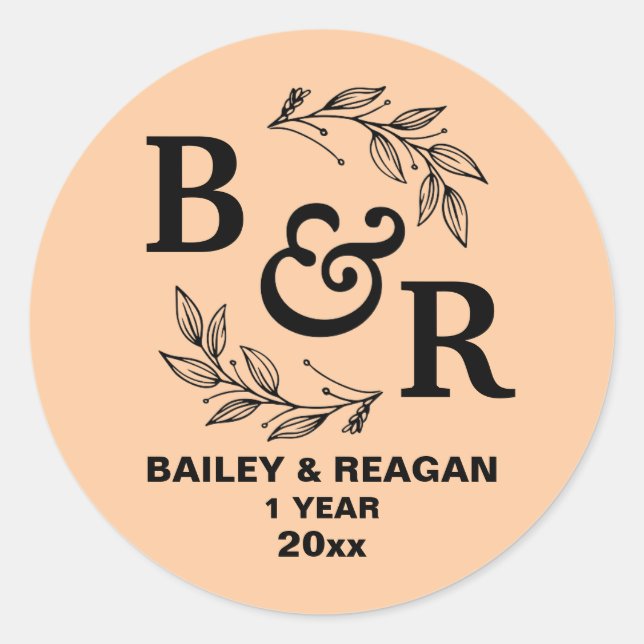 Adesivo Redondo 1º Aniversário de Casamento Motivo Monograma (Frente)