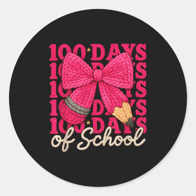 Adesivo Redondo 100 Days Of School Crochet Bow Pencil 100th Day Of (Frente)