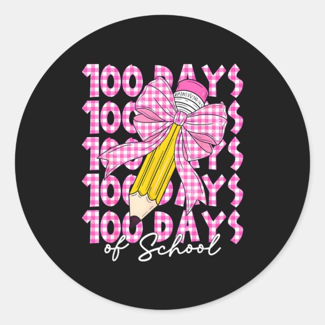 Adesivo Redondo 100 Days Of School Girls Coquette Bow 100th Day Of (Frente)