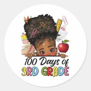 Adesivo Redondo 100 Dias De Escola De 3º Grau Afro Girl Messy Bun